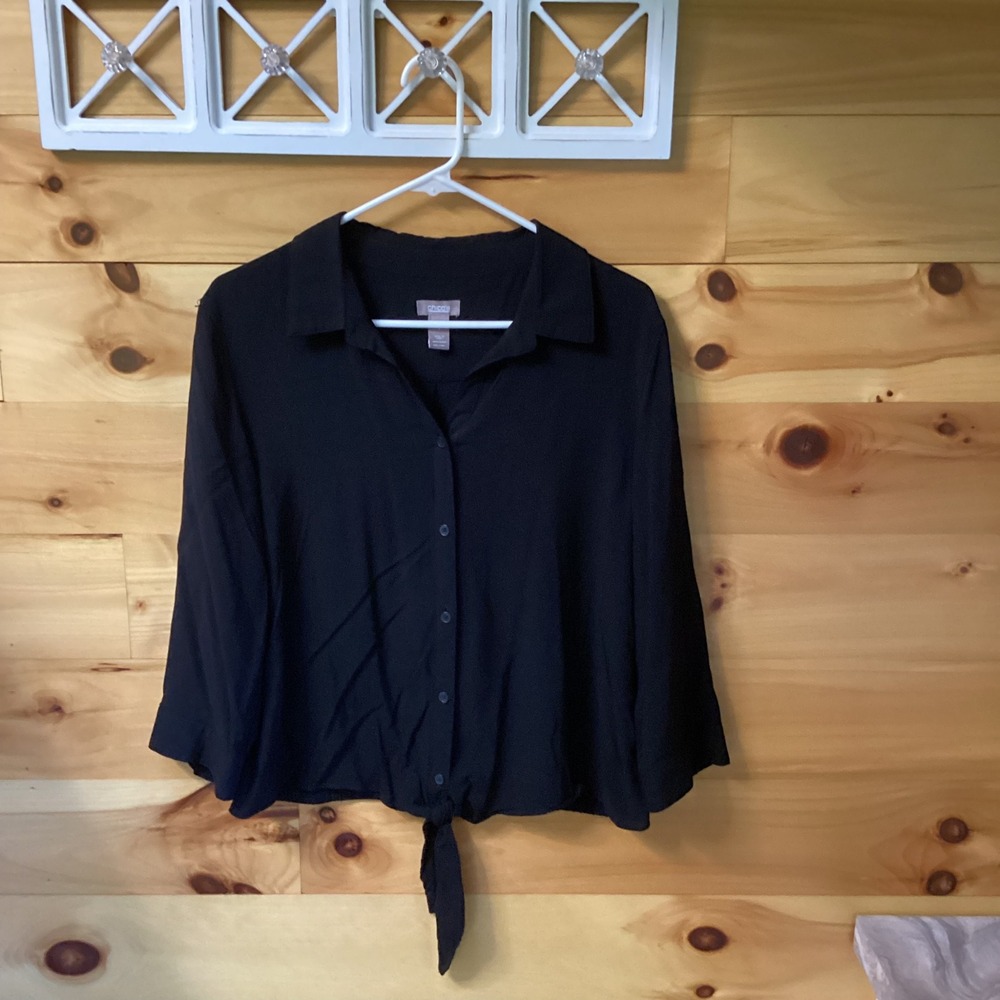 Chicos Black Tie Front Button Down Blouse 3/4 Sleeve Rayon Size 1 Medium